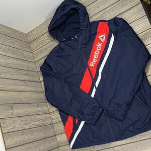Reebok Men Windbreaker Jacket Red White Blue Sz XL Spellout Logo Lined OMZXH2